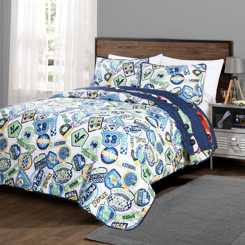 Lush Decor Race Car Kids' 2-Piece Quilt Bed Set, Reversible Bedding Set for Boys, Navy, Twin - Image 2